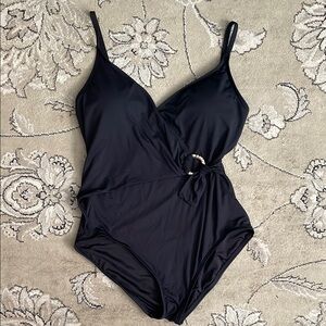 LOFT Black and Gold One-Piece Swimsuit with Deep V-Neckline